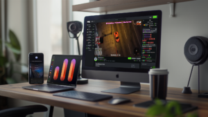 A well-lit modern workspace with devices displaying digital content.